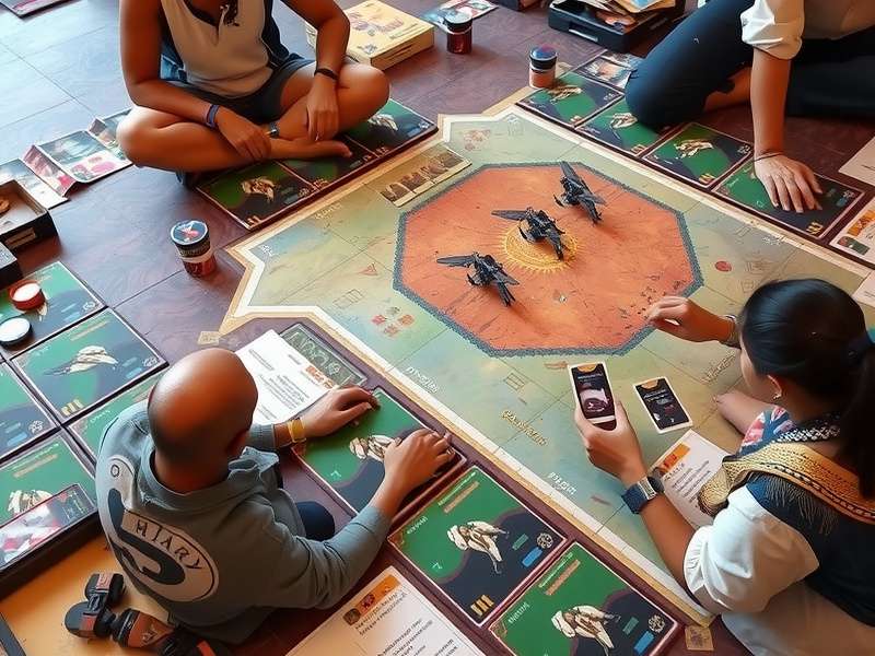 Typhoon Titanium game components including modular board tiles, role cards, resource tokens, and action cards with desi-themed artwork